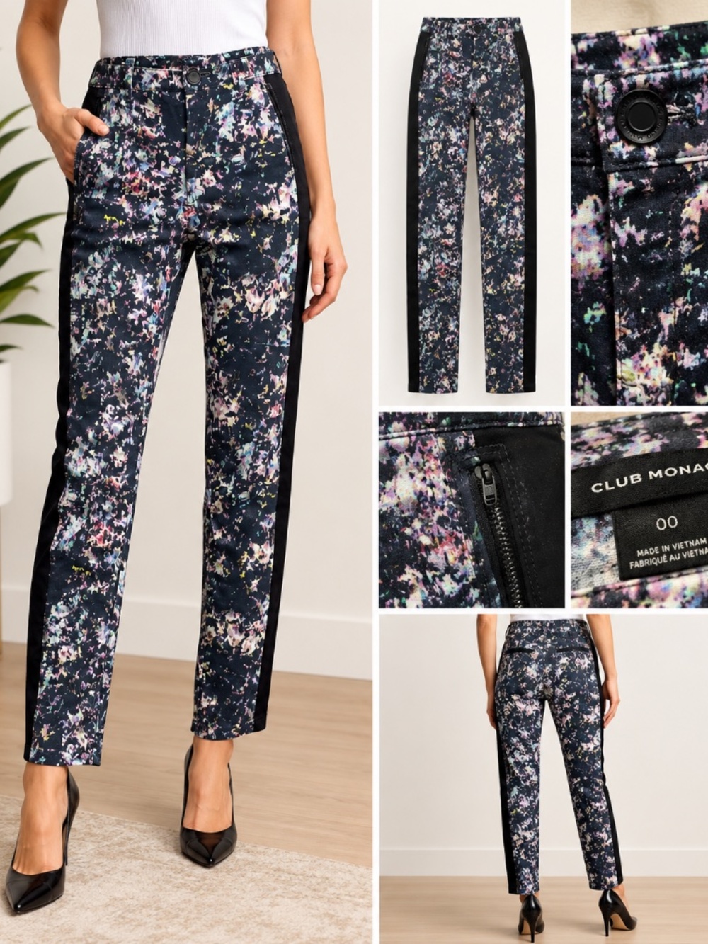 ✨ Club Monaco Multicolor Abstract Watercolor Floral Tuxedo Pants - Size 00 ✨
